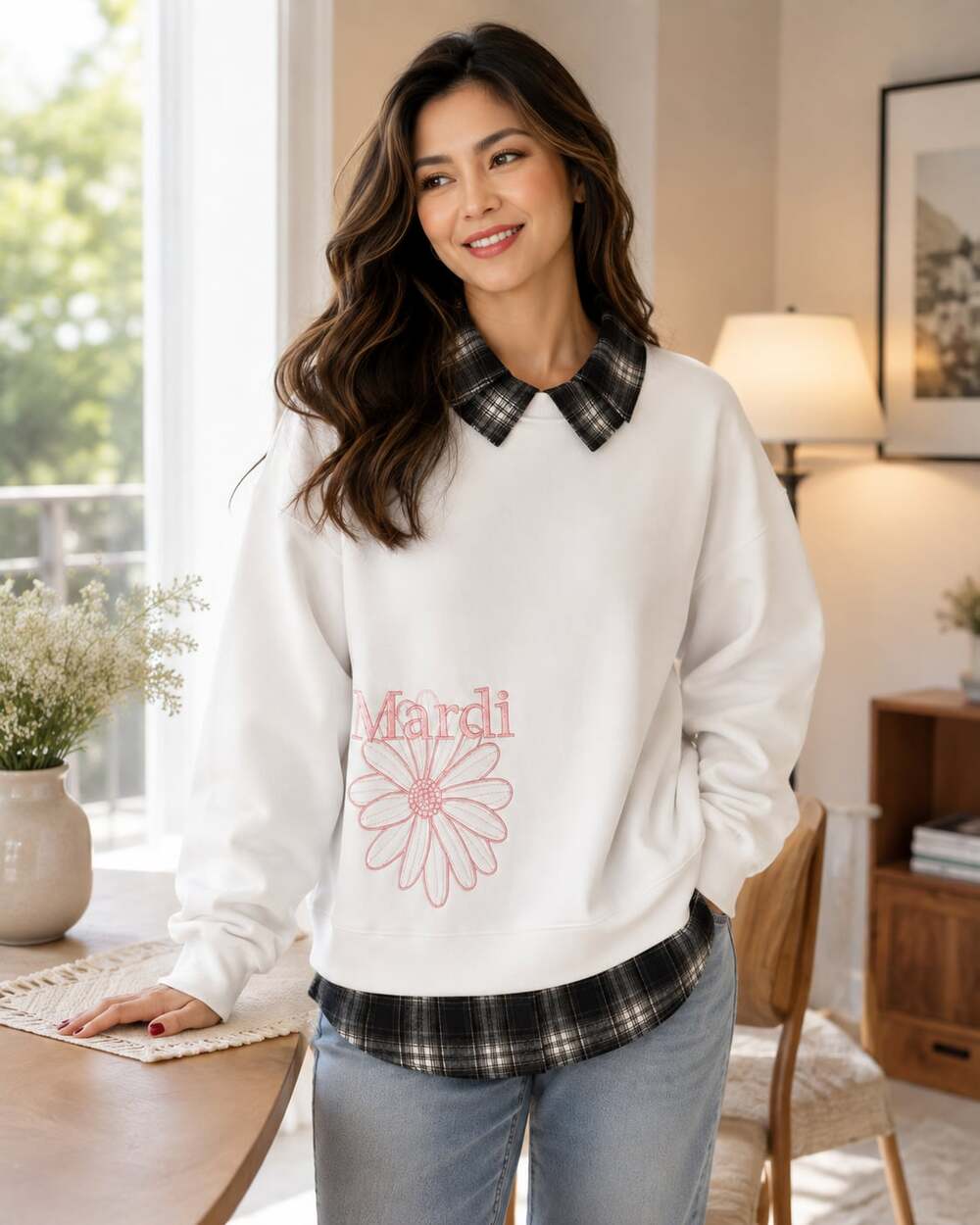 Korean fashion Layered Plaid Collar Sweatshirt White M/L NWT
